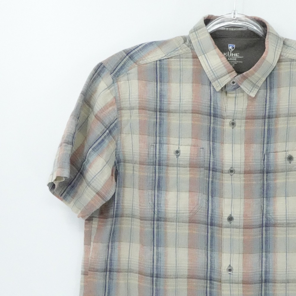 Kuhl Shirt Mens Large Beige Blue Plaid Short Sleeve‎ Linen Blend Outdoors Gorp - Picture 4 of 15
